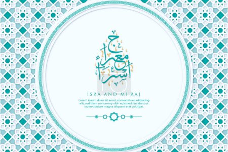 Isra Miraj Greeting Card with Calligraphy and Ornament Premium Vector