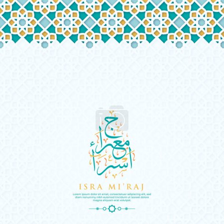 Isra Miraj Grußkarte mit Kalligrafie und Ornament Premium Vector