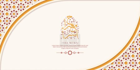 Ilustración de Tarjeta de felicitación Isra Miraj con caligrafía y adorno Vector Premium - Imagen libre de derechos