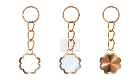 Illustration for A set of copper, bronze key chains in the shape of a flower. Chains made of metal or alloy. Metal key holders isolated on white background - Royalty Free Image