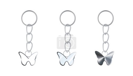 A set of silver keychains in the shape of a butterfly. Chains made of metal or alloy. Metal key holders isolated on white background. Realistic vector illustration