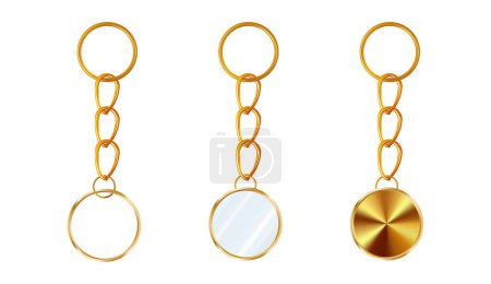 Illustration for A set of gold or brass key chains in the shape of a circle. Chains made of metal or alloy. Metal key holders isolated on white background - Royalty Free Image