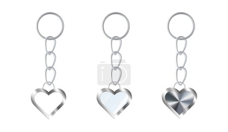 Illustration for A set of silver or steel keychains in the shape of a heart. Chains made of stainless steel. Metal key holders isolated on white background. Realistic vector illustration - Royalty Free Image
