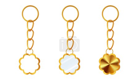 Illustration for A set of gold or brass key chains in the shape of a flower. Chains made of metal or alloy. Metal key holders isolated on white background - Royalty Free Image