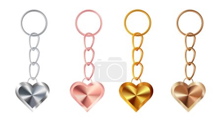 A set of copper or bronze, gold or brass, silver or steel, pink gold keychains in the shape of a heart. Metal key holders isolated on white background. Realistic vector illustration