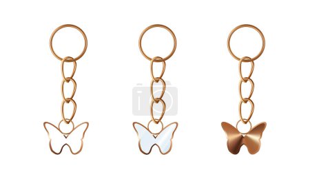 Illustration for A set of copper or bronze keychains in the shape of a butterfly. Chains made of stainless steel. Metal key holders isolated on white background. Realistic vector illustration - Royalty Free Image