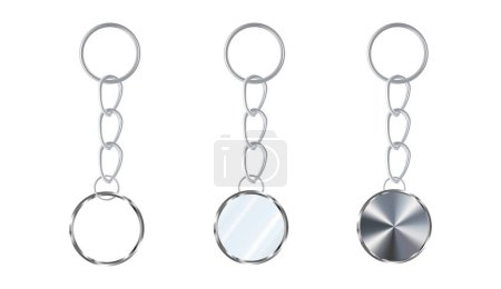 Illustration for A set of silver or steel keychains in the shape of a circle. Metal key holders isolated on white background. Realistic vector illustration - Royalty Free Image