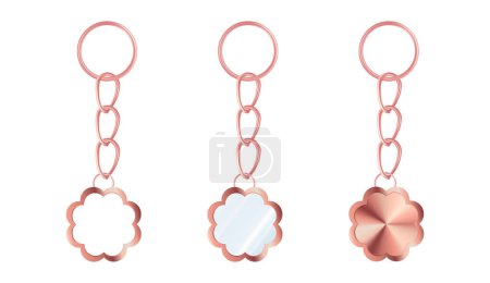A set of pink gold keychains in the shape of a flower. Chains made of stainless steel. Metal key holders isolated on white background. Realistic vector illustration