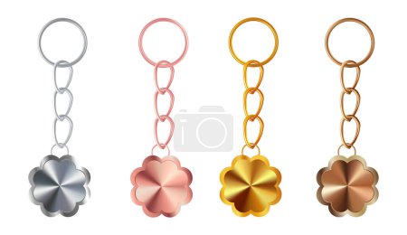A set of copper or bronze, gold or brass, silver or steel, pink gold keychains in the shape of a flower. Metal key holders isolated on white background. Realistic vector illustration