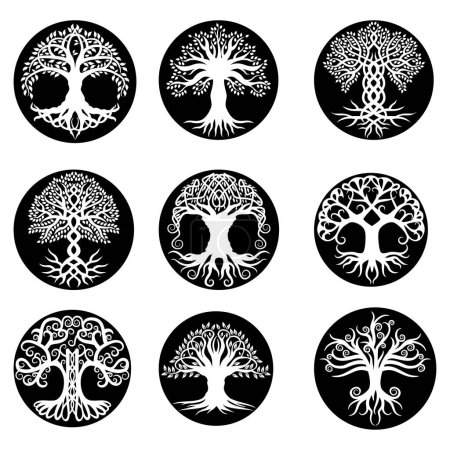 Ensemble de différents vecteurs de silhouette d'arbre celtique 