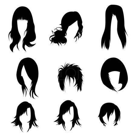 Illustration for Set of different girl hairstyles silhouette vector illustration - Royalty Free Image