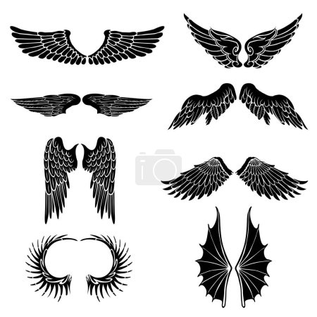 Téléchargez les illustrations : Jeu de différentes ailes silhouette vectorielle illustration - en licence libre de droit