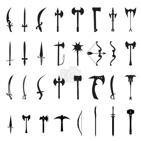 Téléchargez les illustrations : Ensemble de différentes armes médiévales silhouette vectorielle illustration - en licence libre de droit