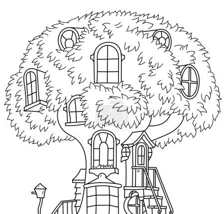 Téléchargez les illustrations : Coloriage de maison d'arbre pour enfants dessin à la main vecto graphique - en licence libre de droit