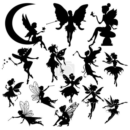 Téléchargez les illustrations : Ensemble de silhouettes de fées isolées sur fond blanc - en licence libre de droit