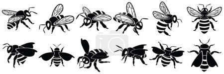 Téléchargez les illustrations : Ensemble de silhouettes d'abeilles, isolées sur fond blanc - en licence libre de droit