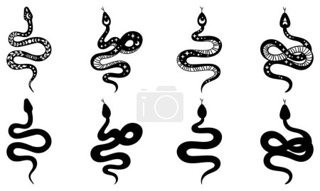 Foto de Conjunto de siluetas de serpientes, ilustración vectorial de estilo de tatuaje aislado - Imagen libre de derechos