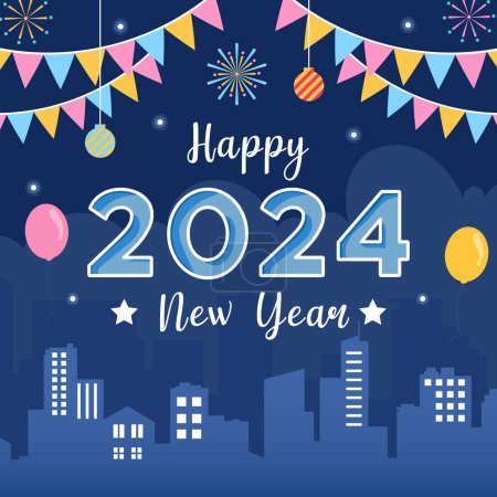 Ilustración de Feliz año nuevo 2024 diseño con fuegos artificiales, globos, estrellas sobre un fondo azul oscuro para pancartas, carteles, calendarios y más. - Imagen libre de derechos