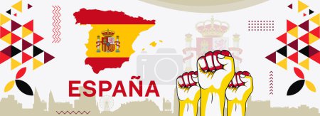 Foto de Mapa de España con tipografía rojo amarillo tema de color. Espana o Espania con diseño geométrico moderno retro abstracto. - Imagen libre de derechos
