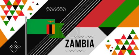Flagge Sambias mit erhobenen Fäusten. Nationalfeiertag oder Unabhängigkeitstag für Sambia. Modernes Retro-Design mit abstrakten geometrischen Symbolen. Vektorillustration