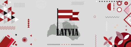 Téléchargez les illustrations : Carte et drapeau de la Lettonie pour la bannière de la journée nationale ou indépendante avec les mains levées ou les poings., drapeau couleurs thème fond et géométrique abstrait rétro moderne colorfull design - en licence libre de droit