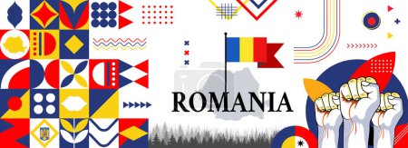 Illustration for Map and flag of romania national or independance day banner with raised hands or fists. flag colors theme background and geometric abstract retro modern colorfull design - Royalty Free Image