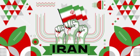 Foto de Irán diseño de banner nacional o día de la independencia para la celebración del país. Bandera de Irán con los puños levantados. Diseño retro moderno con iconos geométricos abstractos. Ilustración vectorial. - Imagen libre de derechos