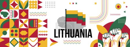 Illustration for Lithuania national or independence day banner for country celebration. Flag and map of Lithuania with raised fists. Modern retro design with typorgaphy abstract geometric icons. Vector illustration. - Royalty Free Image
