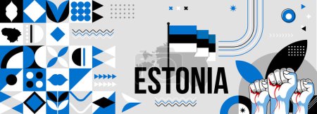 Foto de Estonia bandera nacional o día de la independencia para la celebración del país. Bandera y mapa de Estonia con los puños levantados. Diseño retro moderno con iconos geométricos abstractos typorgaphy. Ilustración vectorial. - Imagen libre de derechos