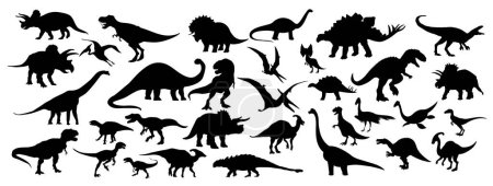 Téléchargez les illustrations : Ensemble de différentes silhouettes de dinosaures. Illustrations isolées de vecteurs plats - en licence libre de droit