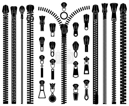 Zipper fasteners. Clothing zipper pullers silhouettes, closed zipper lock, slide fasteners isolated vector illustration set