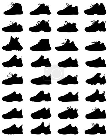 Illustration for Set of isolated sneakers silhouettes for man and woman. Fashion elements. Dress shoes icons for designs. vector illustration - Royalty Free Image