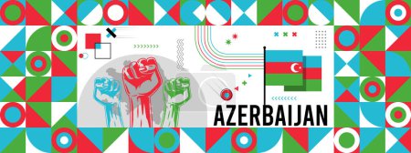 Illustration for Flag and map of Azerbaijan with raised fists. National day or Independence day design for Counrty celebration. Modern retro design with abstract icons. Vector illustration. - Royalty Free Image