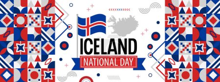 Islandia diseño banner día nacional. Bandera islandesa y mapa temático arte gráfico fondo web. Decoración geométrica de celebración abstracta, color rojo blanco azul.