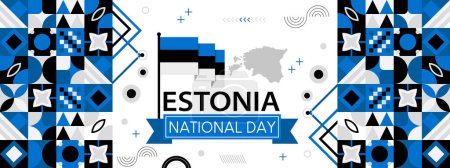 Estland Nationalfeiertagsbanner mit estnischen Flaggenfarben Thema und geometrischen abstrakten Retro modernen blauen schwarzen Hintergrund weißes Design. 
