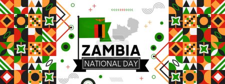 Sambias Nationalfeiertagsbanner zum Unabhängigkeitstag. Flagge Sambias und modernes geometrisches Retro-abstraktes Design. Grün-schwarzes Konzept