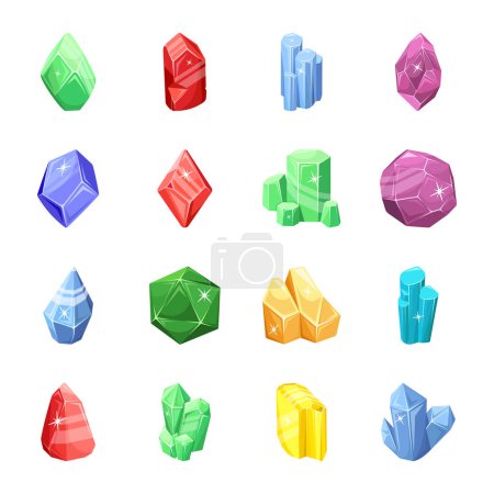 set of isometric icons of different crystals, vector illustration