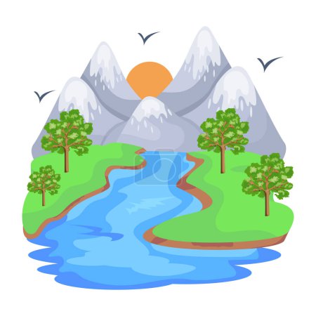 Téléchargez les illustrations : Illustration vectorielle d'un beau paysage avec une rivière - en licence libre de droit