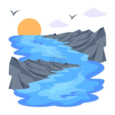 Téléchargez les illustrations : Illustration vectorielle d'un beau paysage de la rivière en montagne - en licence libre de droit