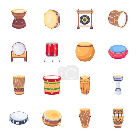 Illustration for Set of Traditional Drums Flat Icons - Royalty Free Image