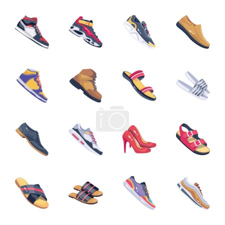 Téléchargez les illustrations : Paquet de 16 chaussures de mode de style plat Icônes - en licence libre de droit