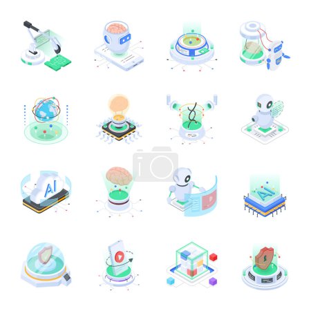 Illustration for Set of 16 Isometric Artificial Intelligence Icons - Royalty Free Image