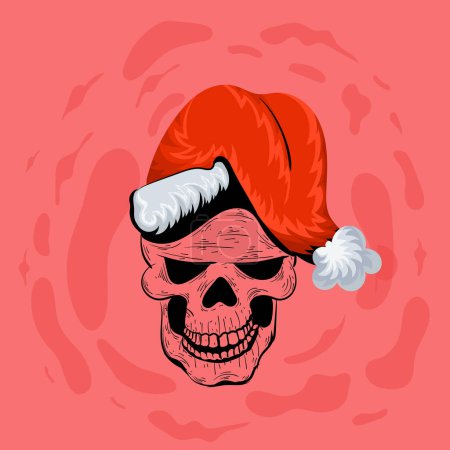 Ilustración de Cráneo con sombrero de Santa Claus sobre fondo rojo. - Imagen libre de derechos