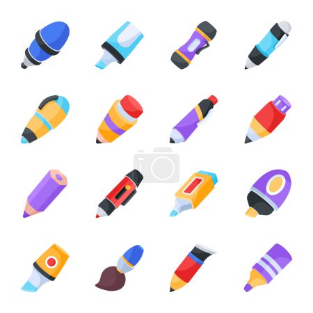 Illustration for Set of various cartoon pencils and makers icons, vector illustration simple design - Royalty Free Image