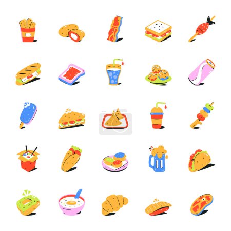 Téléchargez les illustrations : Icônes de nourriture et de boisson ensemble. illustration vectorielle des icônes alimentaires. - en licence libre de droit