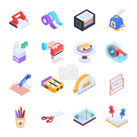 Illustration for Pack of School Supplies Isometric Icons - Royalty Free Image