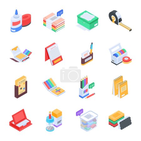Illustration for Bundle of Stationery Items Isometric Icons - Royalty Free Image