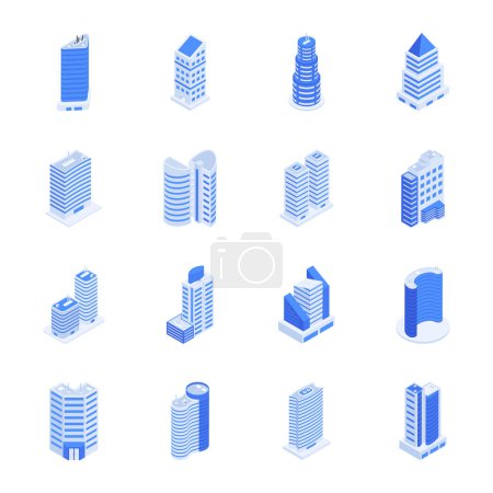 Téléchargez les illustrations : Ensemble moderne de bâtiments corporatifs Icônes isométriques - en licence libre de droit