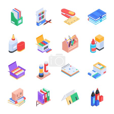 Illustration for Collection of School Tools Isometric Icons - Royalty Free Image
