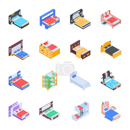 Téléchargez les illustrations : Pack d'icônes isométriques de meubles de pièce - en licence libre de droit